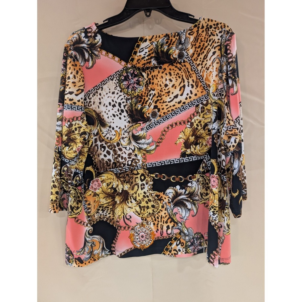 INVESTMENTS PETITES PXL Baroque Leopard Chain Print Tunic Top 3/4 Sleeve Stretch - Picture 1 of 4